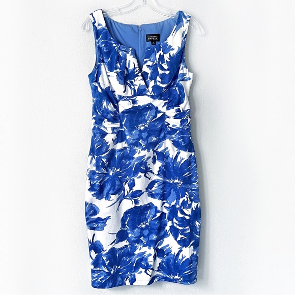 ADRIANNA PAPELL BLUE WHITE FLORAL SHEATH SLEEVELESS LINED KNEE LENGTH DR… - Picture 3 of 16